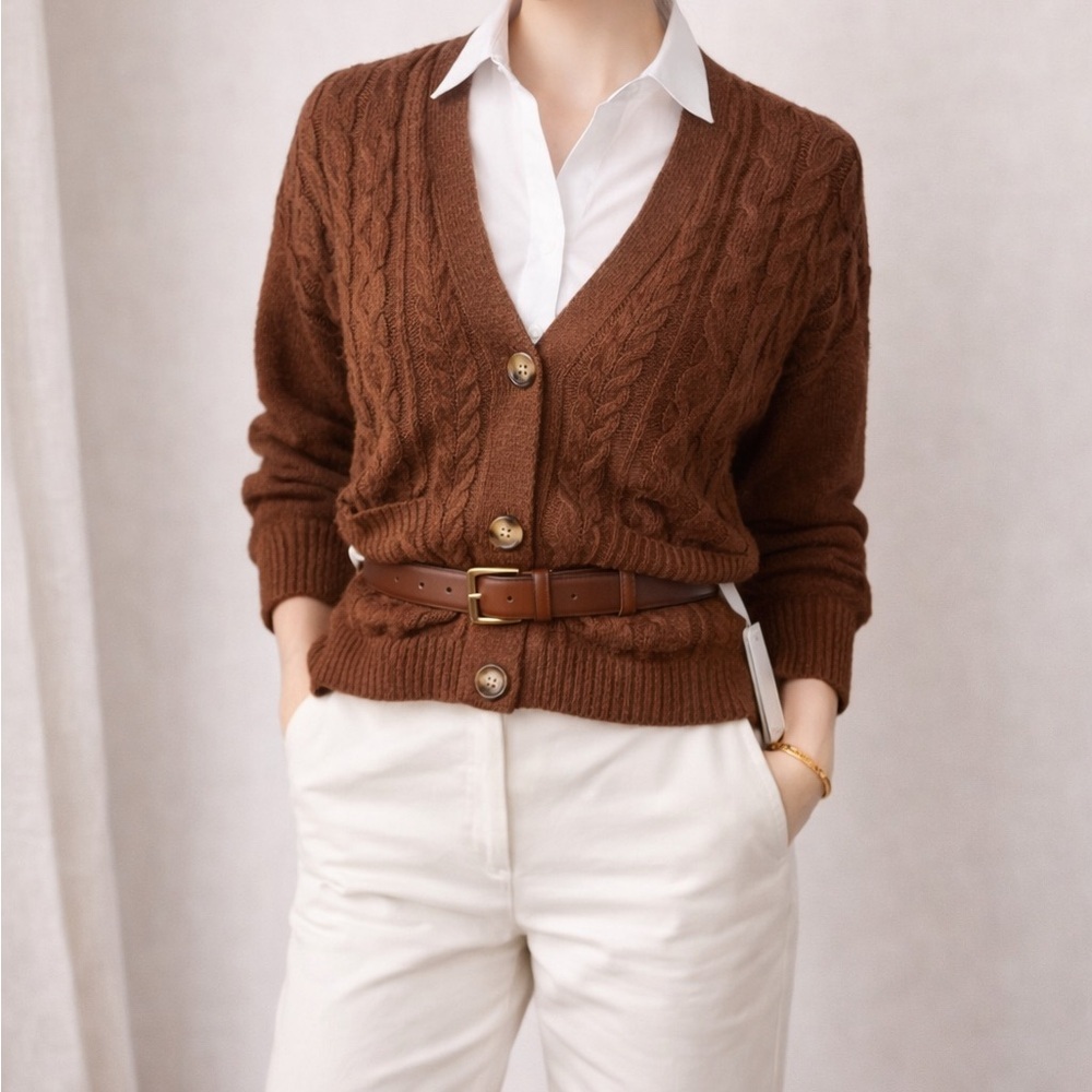 Joie Brown Cable Knit Cardigan Sweater Button Front Cozy Chunky Knit NWT Small